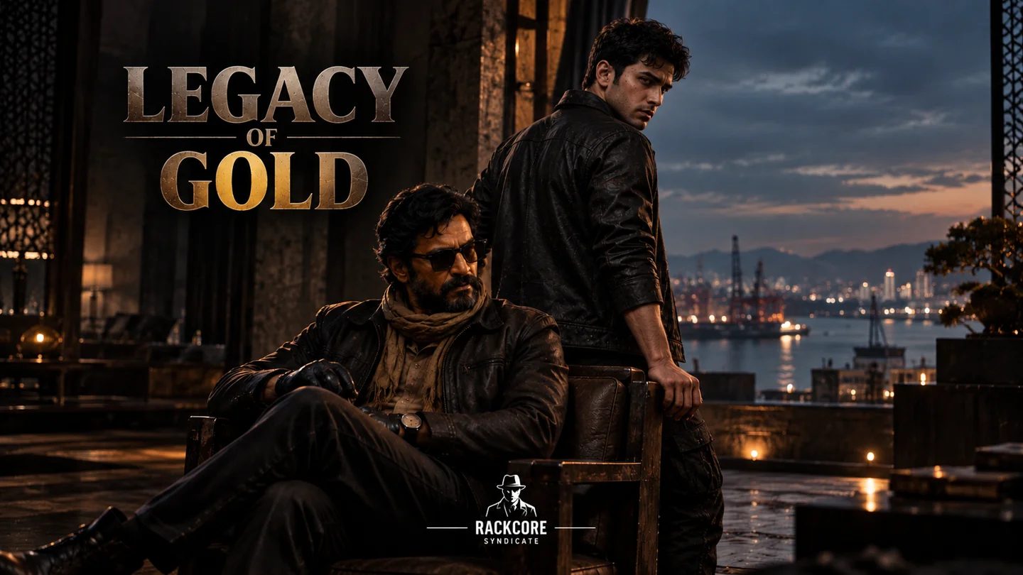 Legacy of Gold artwork: Ravi and Arjun Rathod overlooking a harbor at dusk